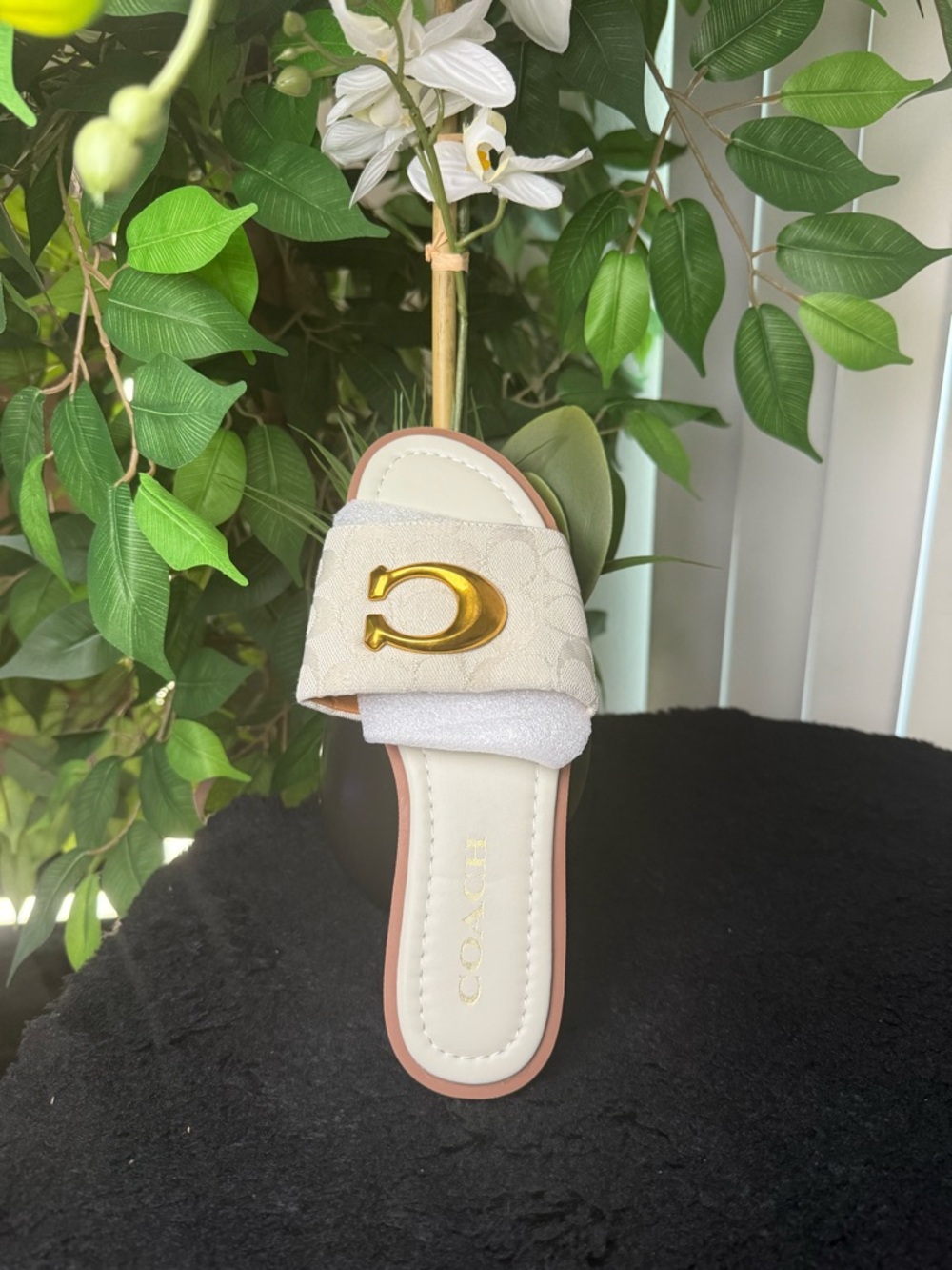 Women's Ivory Slide Sandals with Gold Hardware